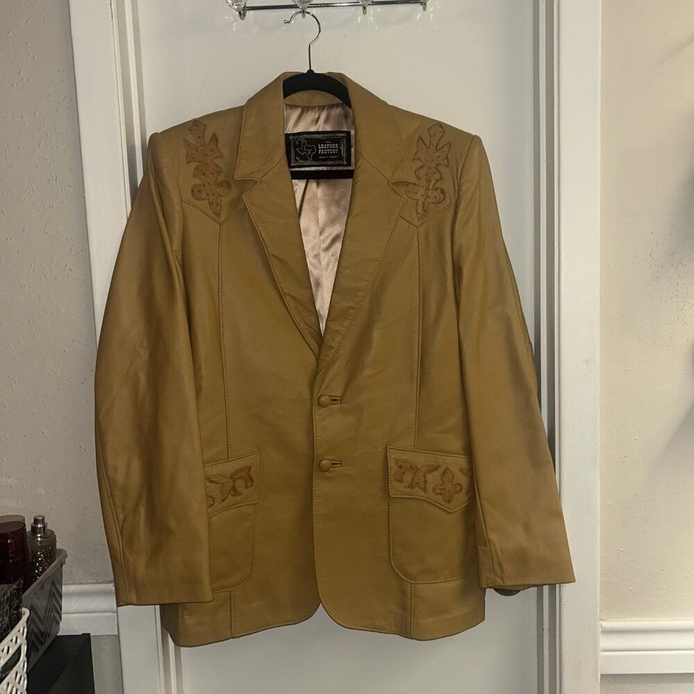 Vintage The Leather Factory Pharr Texas Embroidered Tan Leather Jacket Size 44 - Picture 2 of 12